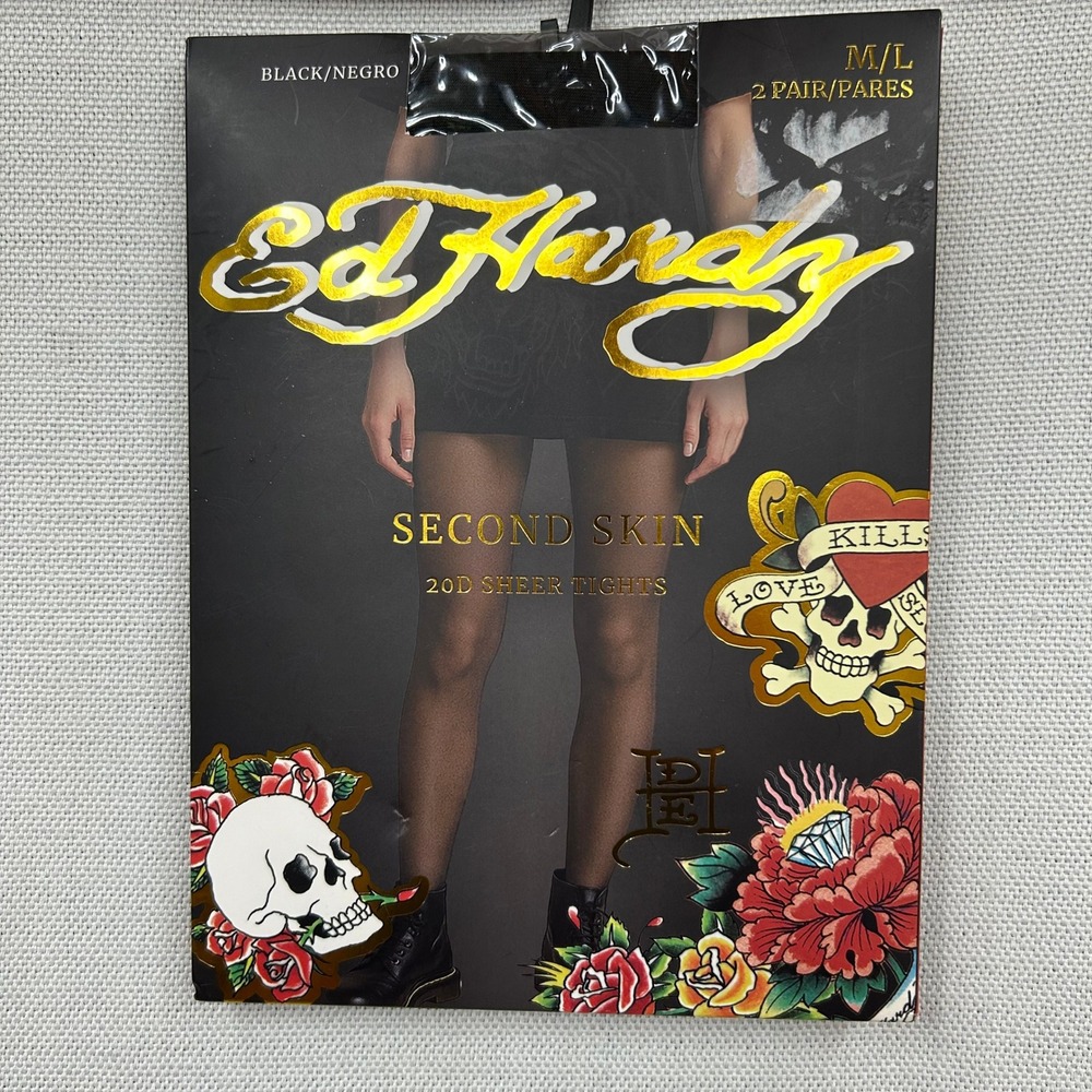 Ed Hardy Second Skin 20D Sheer Tights‎ Black M/L 2 Pair Pantyhose Y2K Gothic NEW